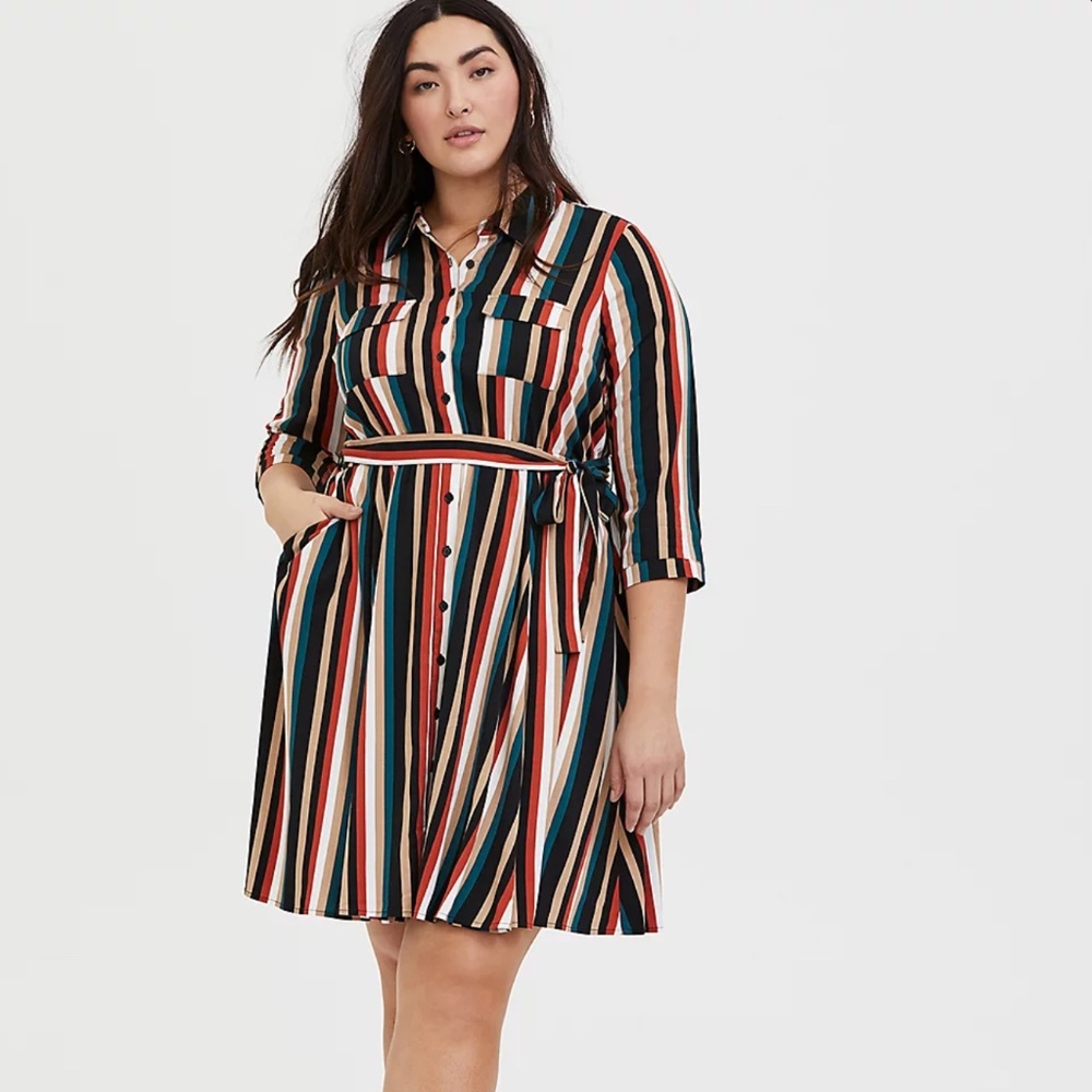 Torrid Multi Stripe Challis Self Tie Mini Shirt Dress | 2X